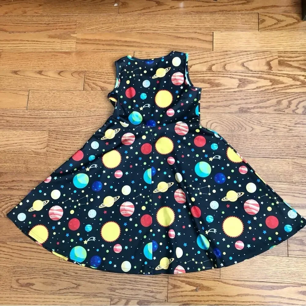 Funnycokid Planets Astronomy Print A-Line Skater Black Dress Girl’s Size XL